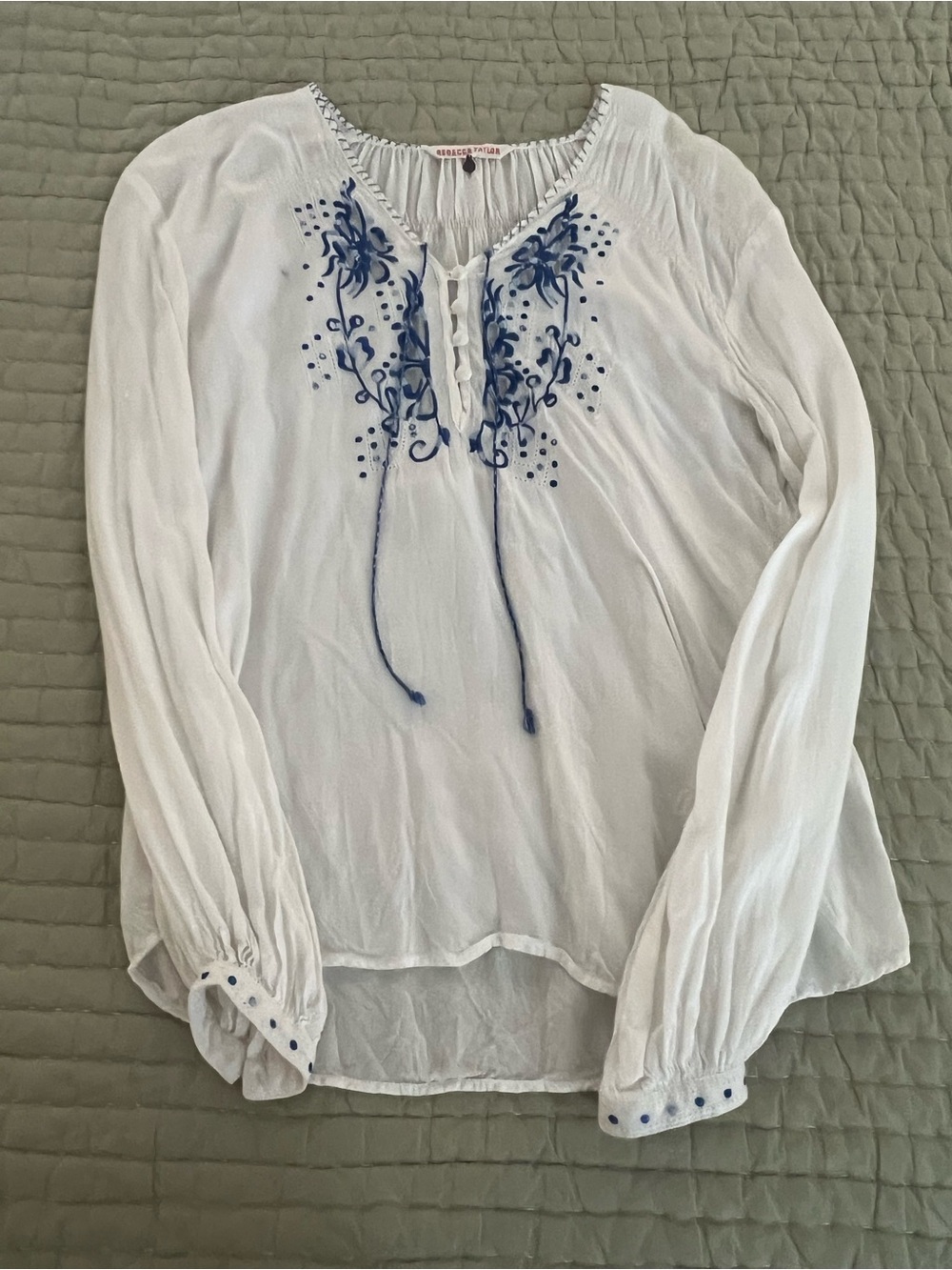 Rebecca Taylor White Embroidered Peasant Blouse with Blue Detail